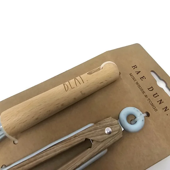 Rae Dunn Wooden Mini Whisk and Tongs with Light Blue Accents - Picture 4 of 6